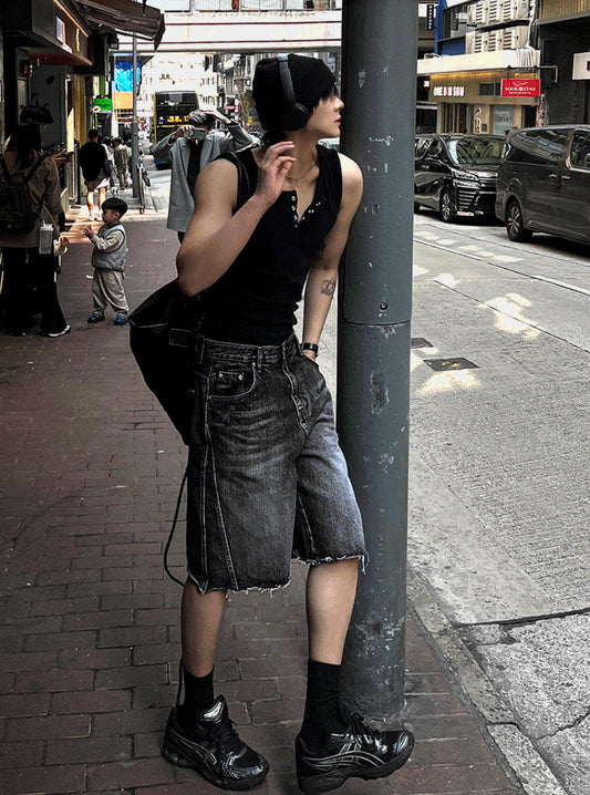 Black Washed Denim Bermuda Shorts Pants