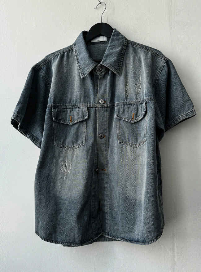 jacquard short-sleeved denim jacket
